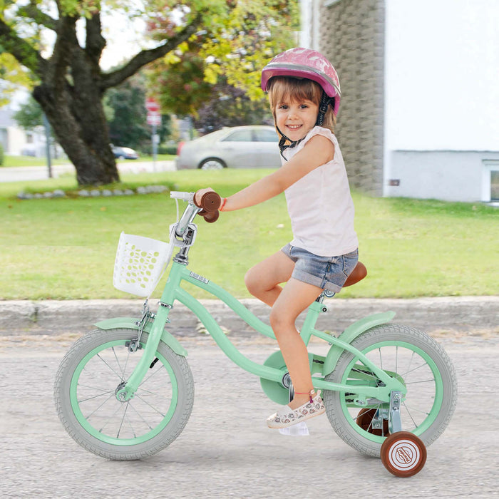 Prorider 14\" Kid's Bike With Removable Training Wheels & Basket For 3-5 Years Old Green