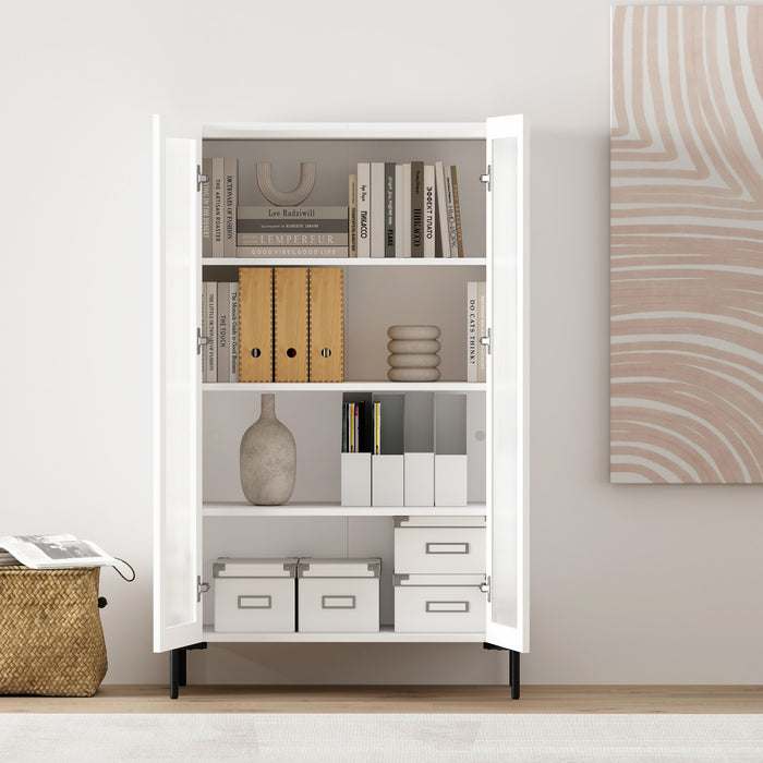 Abbey Modern 32\" Tempered Glass Bookcase Cabinet in White (4-Shelf) - Set of 2