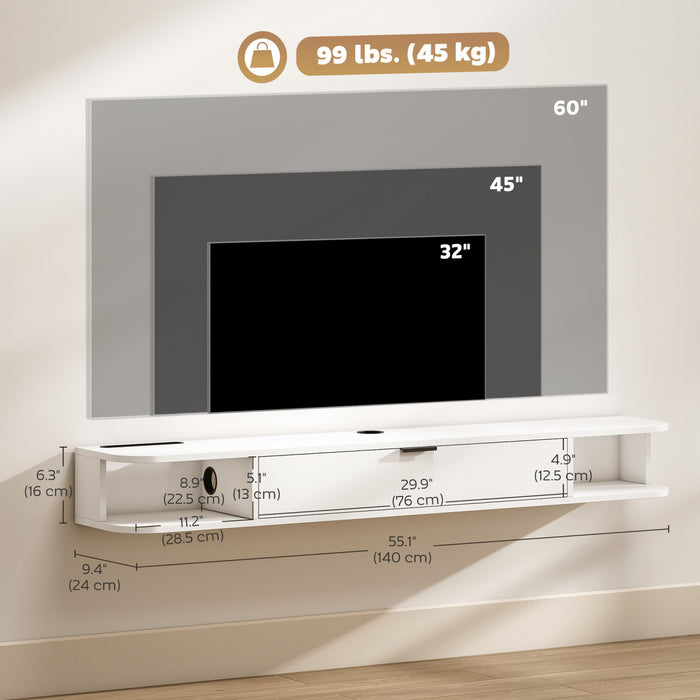 HOMCOM 55\" Floating TV Stand, Wall Mounted Media Console, White