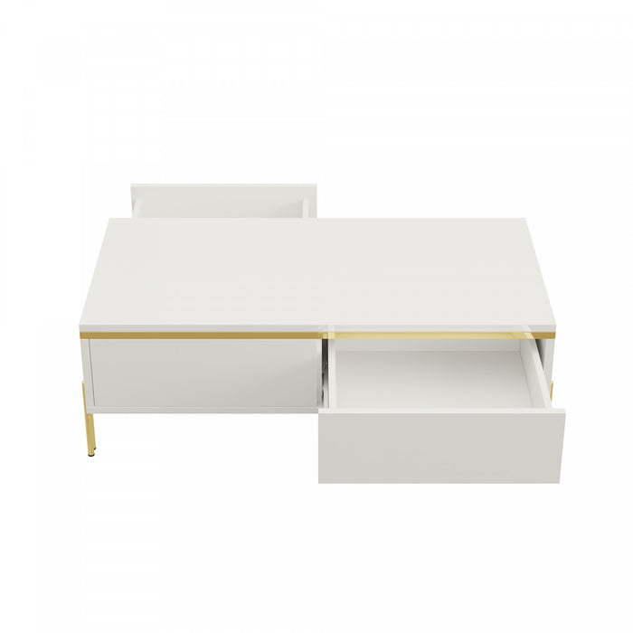 Lustra 39.4 Inch Modern High-Gloss Coffee Table with Dual Drawers and Gold Accents, White