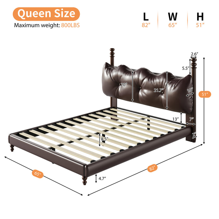 Emma Faux Leather Platform Bed Frame with Headboard,Queen Size,Dark Brown Queen Bed