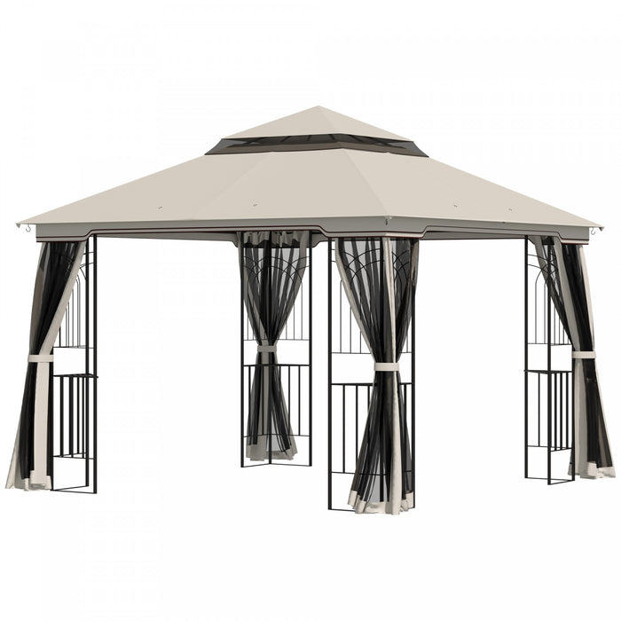 Outsunny 10' X 10' Outdoor Patio Gazebo Canopy With Double Tier Roof, Removable Mesh Curtains, Display Shelves, Top Hooks, Beige