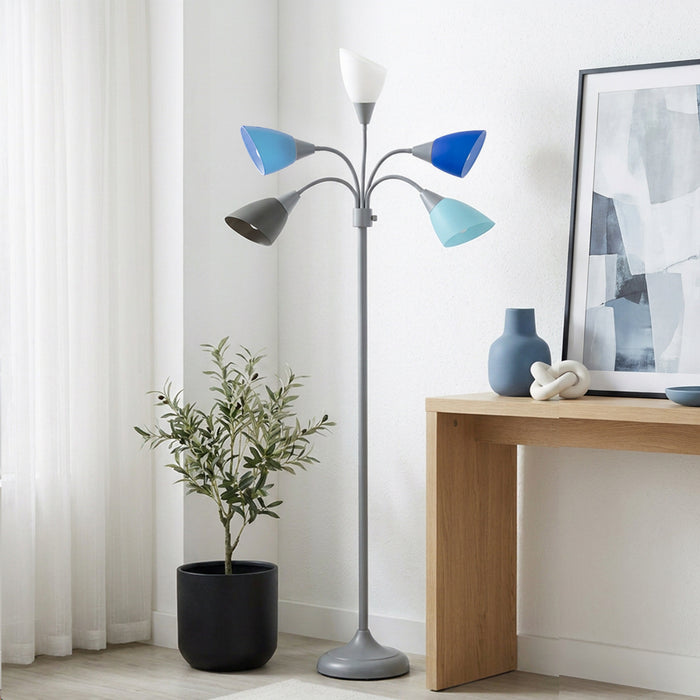 Skye 5 Light Adjustable Gooseneck Floor Lamp, Multi Blues, White, & Silver, 67\"H