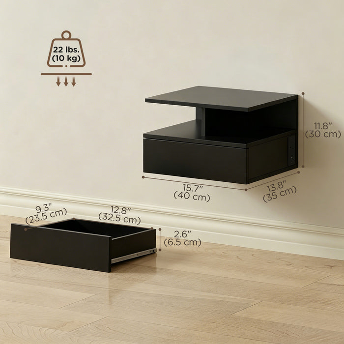 HOMCOM Floating Nightstand Set of 2, Bedside Table with with Power Outlets
