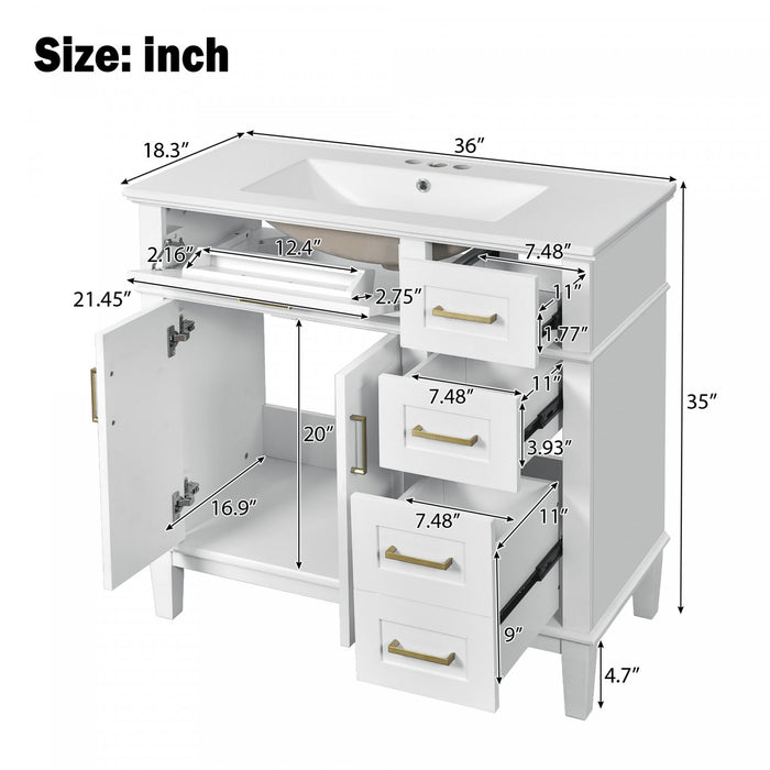 Michael 36\" Bathroom Vanity With Ceramic Sink, Soft-close Doors, And Four Storage Drawers - White