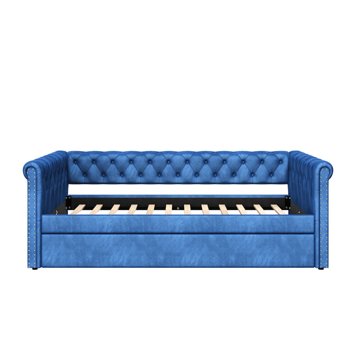 Sophia Tufted Design Upholstered Daybed with Trundle and Comfortable Backrest,Blue