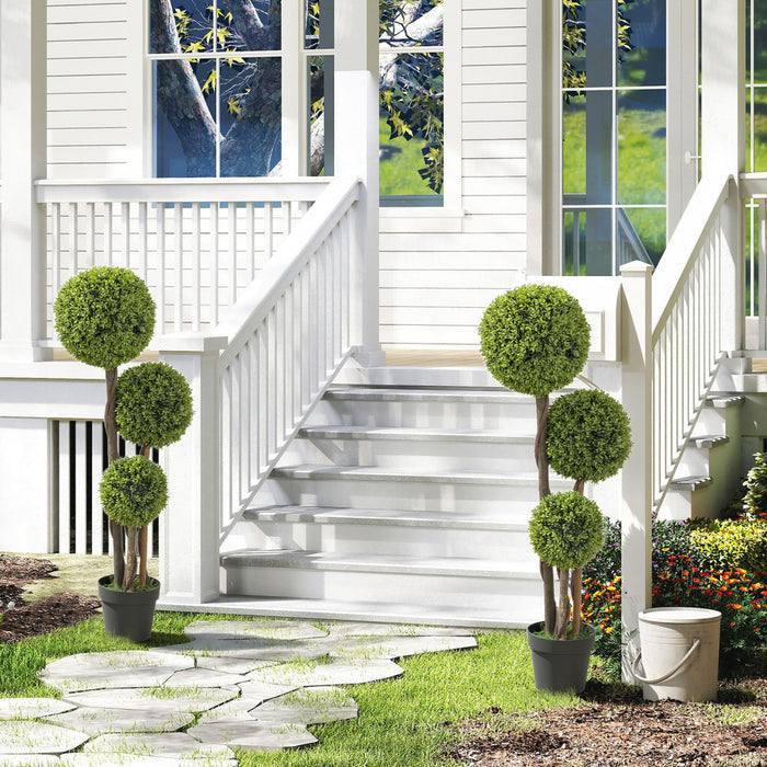 HOMCOM 45 Inch Artificial Boxwood Triple Ball Topiary Tree Set of 2, Green