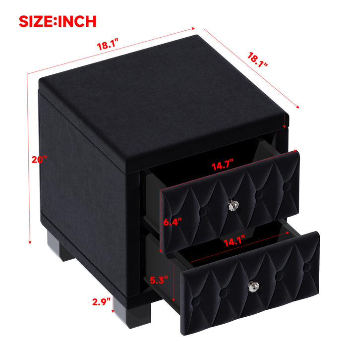 Sophia Elegant Velvet Nightstand with Drawers and Button-Tufted Design,Black