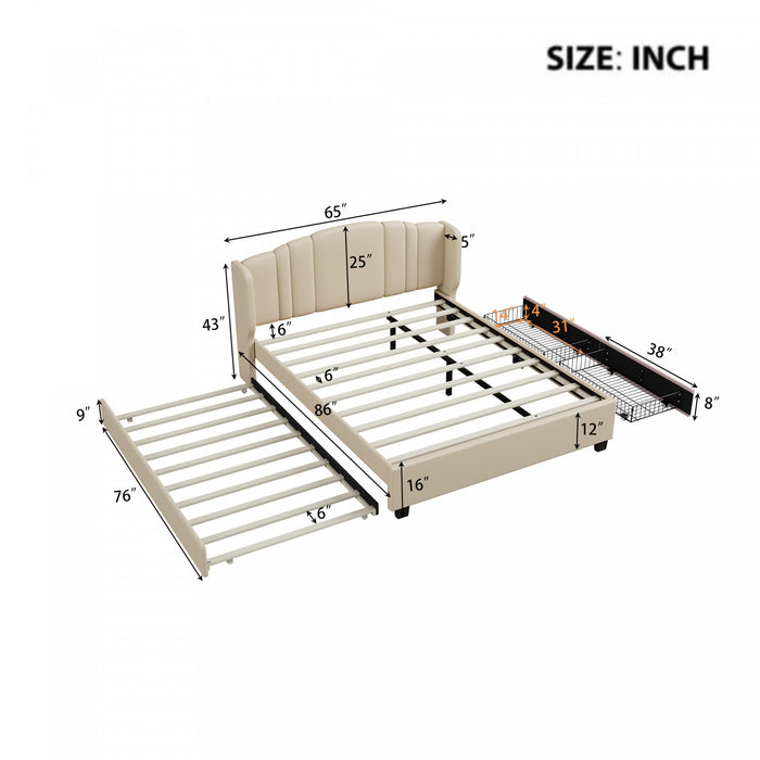 Jean Upholstered Platform Bed with Wingback Headboard and Storage Drawers,Queen Size,Beige Queen Bed