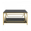 Gleam 33.5 Inch Square Tempered Glass Coffee Table with Geometric Gold Frame and Lower Shelf, Black | Gleam Table Basse Carree en Verre Trempe 33.5 po avec Cadre Geometrique Dore et Etagere Inferieure, Noir