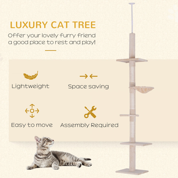 Pawhut 8.5ft Cat Climbing Tree 5-tier Kitty Activity Center Floor-to-ceiling Cat Climber Toy With Scratching Post Play Rest Post Pet Furniture Beige