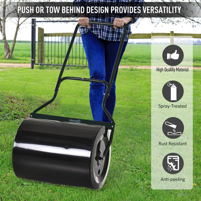 Outsunny 20\" Push/Tow Behind Lawn Roller, Heavy Duty Sod Drum Roller Filled with 16 Gal Water/Sand, Grass Flattener for Yard, Patio, Park, Black