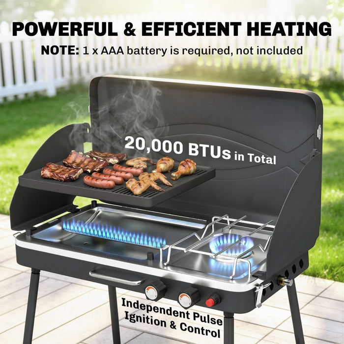 Outsunny 2-in-1 Camping Stove & Gas Griddle Combo, 20,000 BTU 2-Burner Portable Propane Grill with Detachable Legs, Wind Guards for Barbecue, Tailgating, Outdoor Cooking, Black