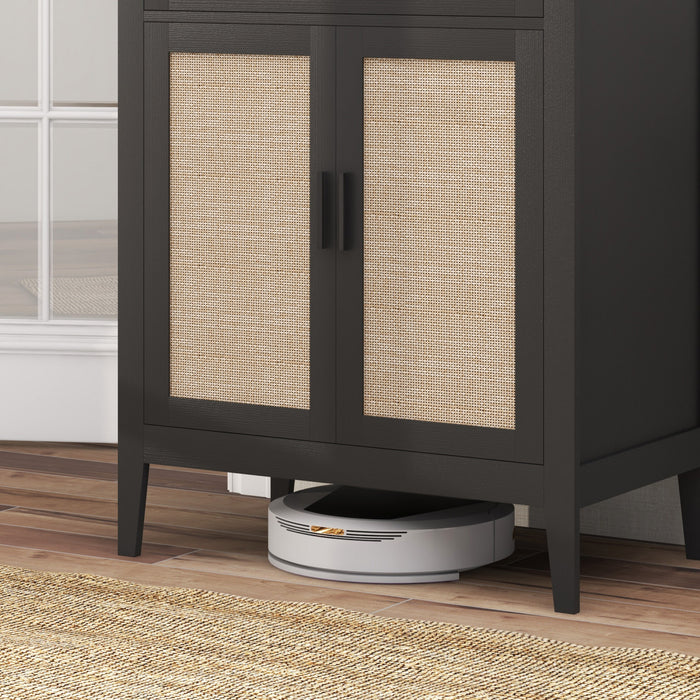 HOMCOM Boho Floor Storage Cabinet with Rattan Decorated Doors Drawer Black
