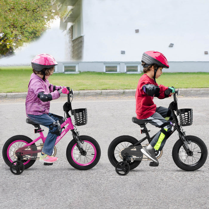 Costway 12\" Kid's Bike With Training Wheels Adjustable Handlebar & Seat Handbrake Pink