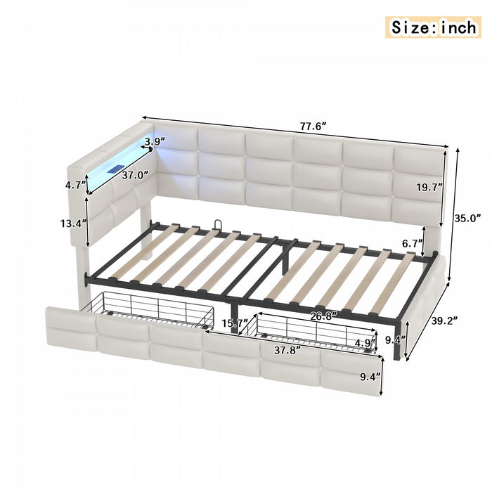 Sophia Upholstered Daybed with LED Lights and Storage Drawers,Twin Size,Beige