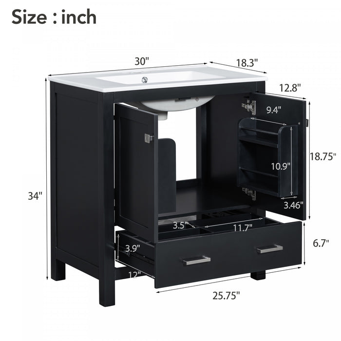 Erica 30\" Solid Wood Bathroom Vanity With Single Ceramic Sink, Soft-close Doors, And Multifunctional Storage - Black
