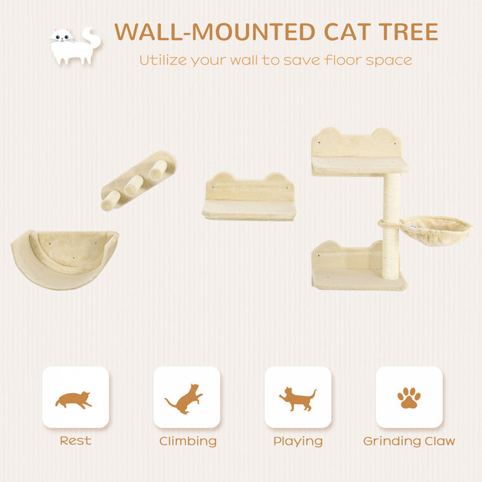 Pawhut Cat Wall Climber With Hammock, Scratching Post, 3 Steps, Jumping Platforms, Cat Wall Shelves For Relaxing, Sleeping, Climbing, Cat Wall Furniture For Indoor Cat - Beige