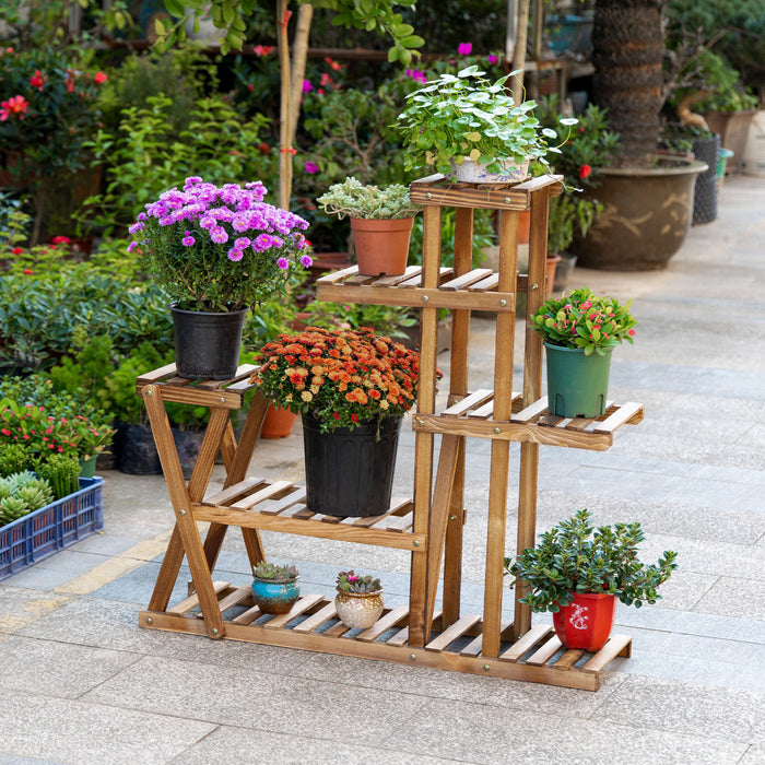Outsunny Wood Plant Stand 5 Tier Plant Shelf Multiple Flower Pot Holder For Living Room, Patio Corner, Balcony, Indoor Outdoor Use, Natural