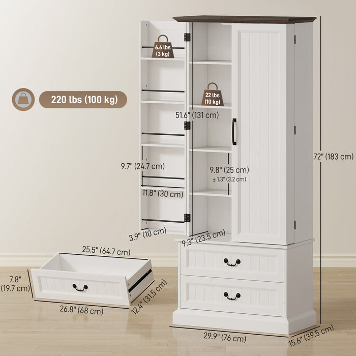 HOMCOM 72\" Kitchen Pantry Cabinet with LED Light and Door Shelves, White