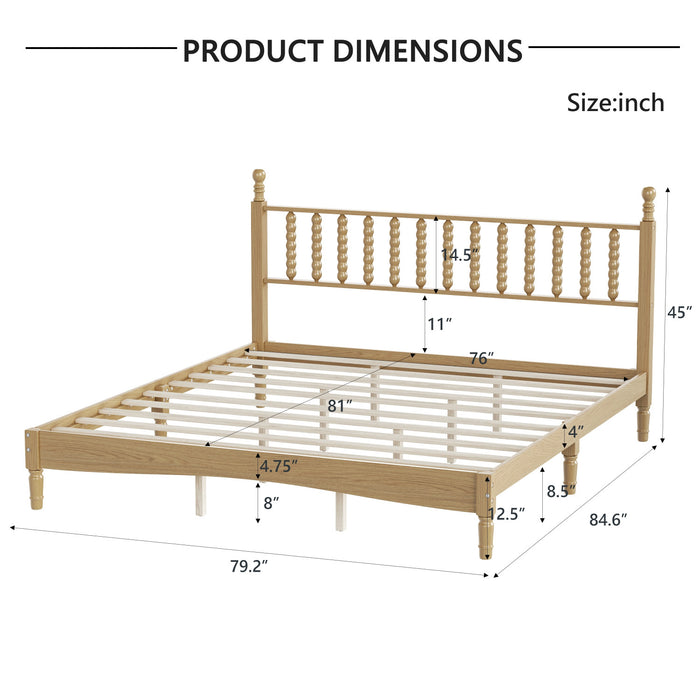 Oliver Retro Wood Platform Bed with Gourd Shaped Headboard and Sturdy Wooden Slat Support,King Size,Natural King Bed