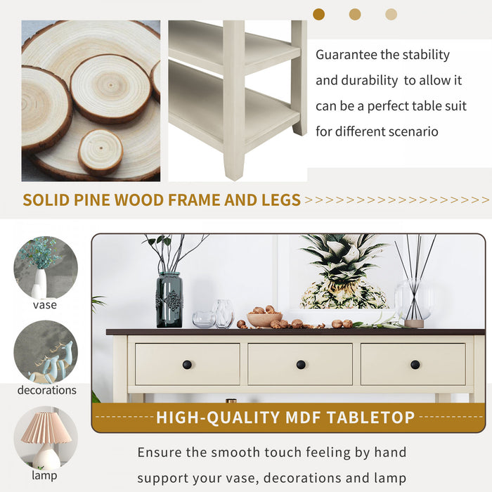 Wendy Solid Wood Console Table With 3 Drawers And 2 Open Shelves,beige Accent Cabinet