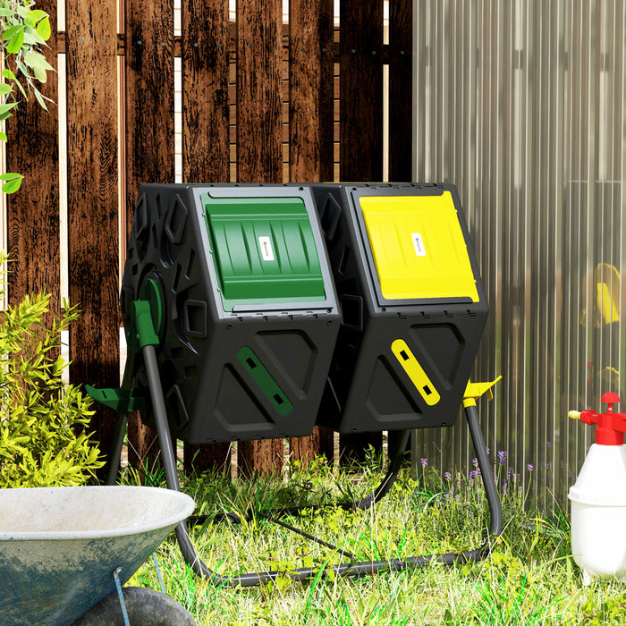 Outsunny 34.5 Gallon Composter, Dual Chamber Compost Bin, Yellow And Green