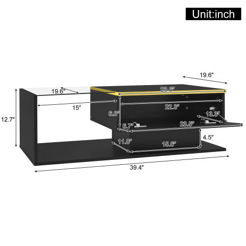 Maxwell High-Gloss 39.4\" Long Coffee Table with Glass and LED Effect,Black