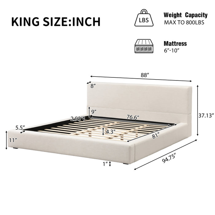 Connor Upholstered Platform Bed with Linen Headboard and Footboard,King Size,Beige King Bed