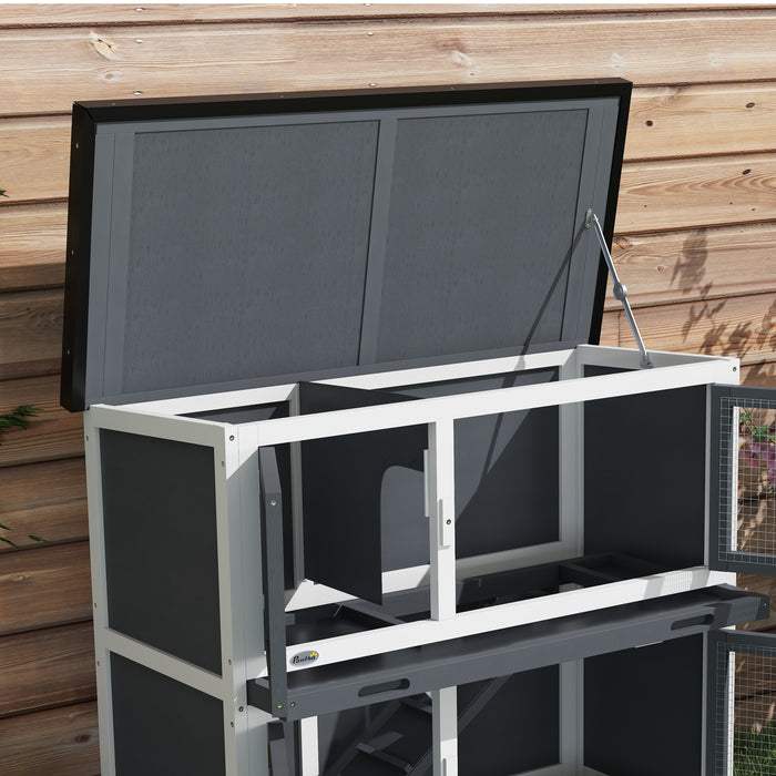 Pawhut Rabbit Hutch, Wooden 2 Tier Bunny Guinea Pig Cage With Openable Top, Slide-out Tray, Ramp, Asphalt Roof, For 2 Rabbits Outdoor Backyard Use, Grey