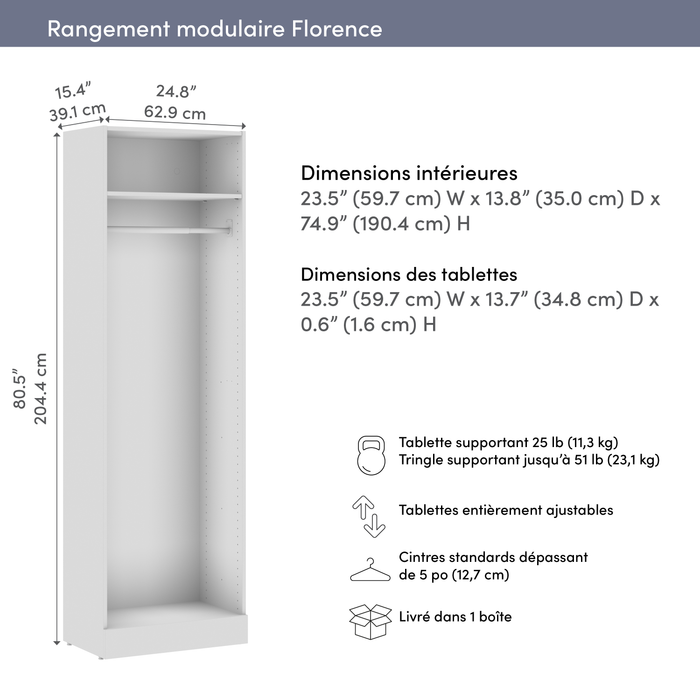 Bestar Florence 25\" Modular Hanging Closet System with Shelf - White