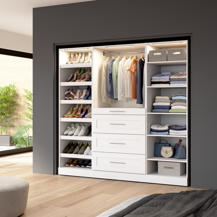 Bestar Florence 85\" Modular Reach-In/Walk-In Closet System with LED Lights, Drawers and Shoe Shelves Shaker Style - White