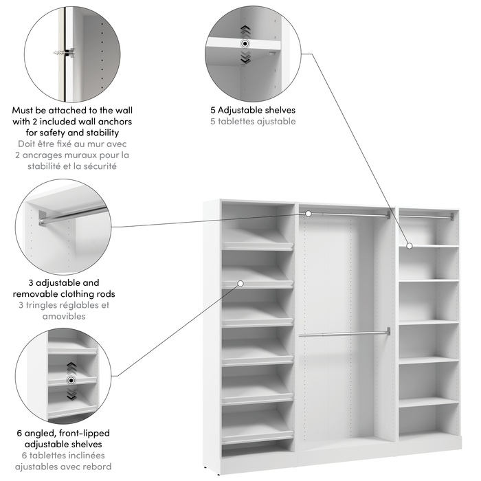 Bestar Florence 85\" Modular Reach-In/Walk-In Closet System with Rods and Shoe Shelves - White
