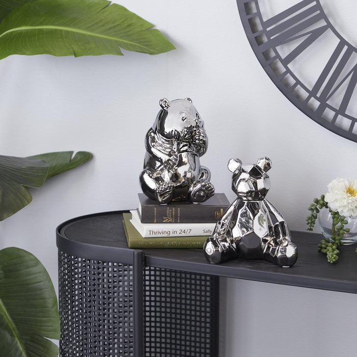 Ceramic 8\" Silver Bear Sculpture - Set of 2