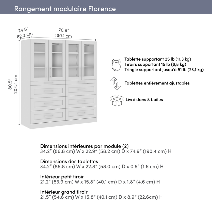 Bestar Florence 71\" Modular Walk-In Closet System with LED Lights and Storage - White