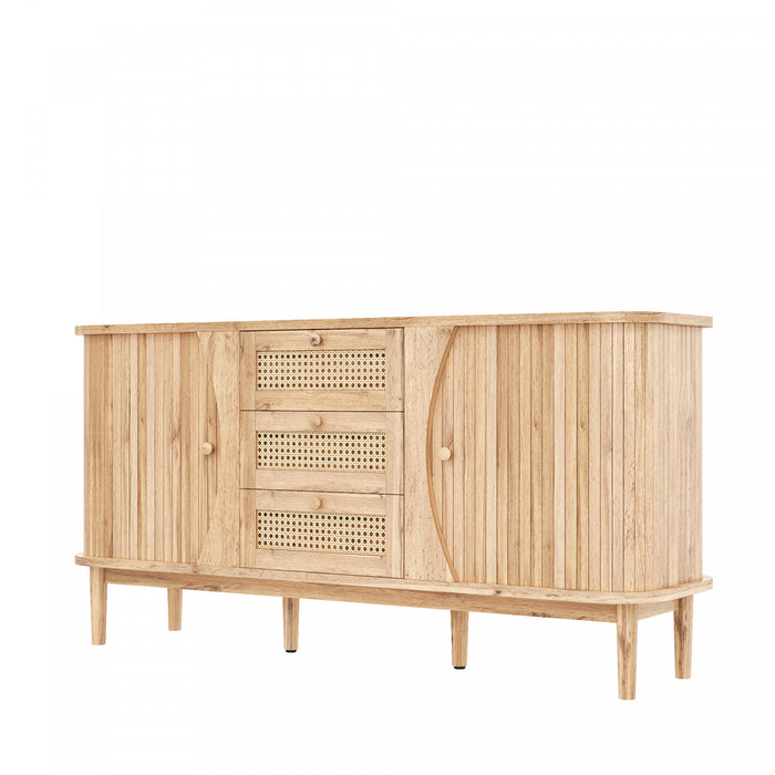 James 55.3\" Modern Minimalist Wood Cabinet with Sliding Doors and Adjustable Shelves,Natural Accent Cabinet