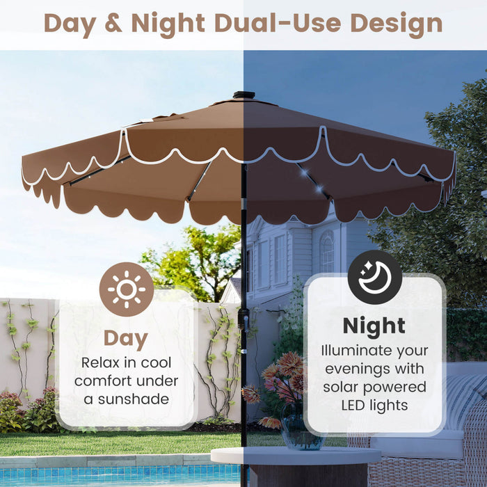 Costway 9.3 FT Solar Patio Umbrella Outdoor Market Sunshade with 24 LED Lights Ruffles Brown