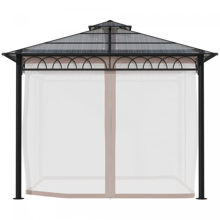 Outsunny 9' X 10' Double roof Hardtop Gazebo With Nettings curtains Khaki