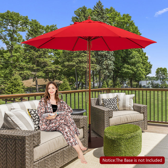 Costway 9.5 FT Patio Rope Pulley Wooden Umbrella Market w/Fiberglass Ribs Outdoor Red