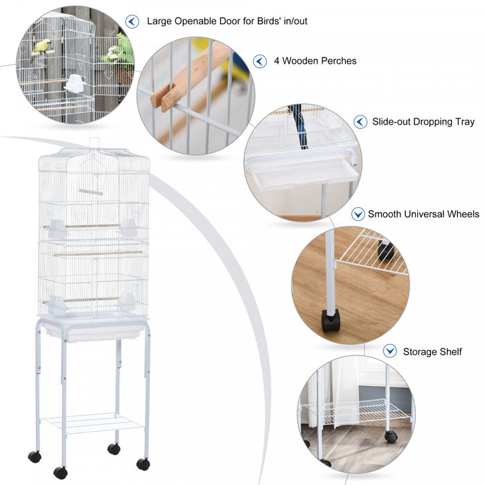 Pawhut 62\" Bird Cage Budgie Cage With Wheels, Detachable Stand, Storage, White