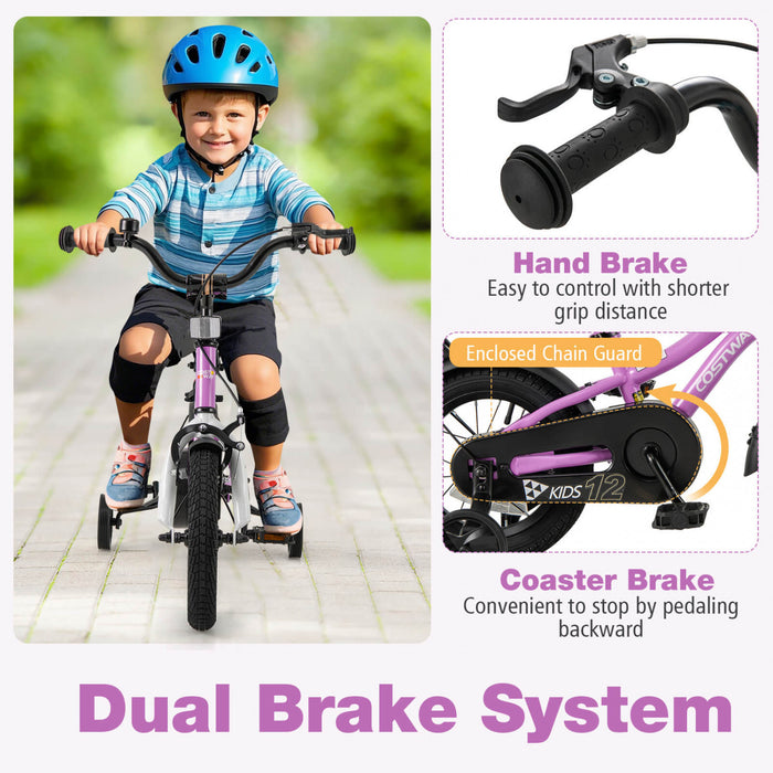 Costway 12\" Kids Bike For 3-4 Years Old Boys & Girls With Adjustable Seat Handbrake Reflectors Purple
