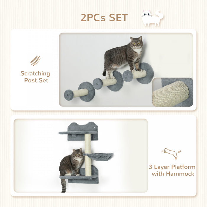Pawhut 4pcs Cat Wall Shelf With Scratching Posts, Hammock, Setps, Platforms, Cat Shelves For Relaxing, Sleeping, Jumping, Cat Wall Climber For Indoor Cats, Grey