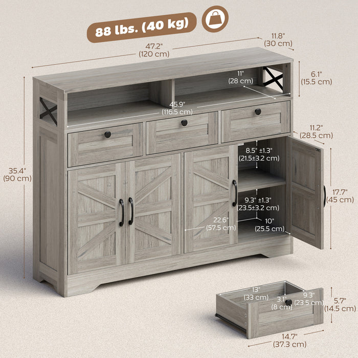 HOMCOM Sideboard, Buffet Cabinet with 4 Barn Doors and 3 Drawers Grey