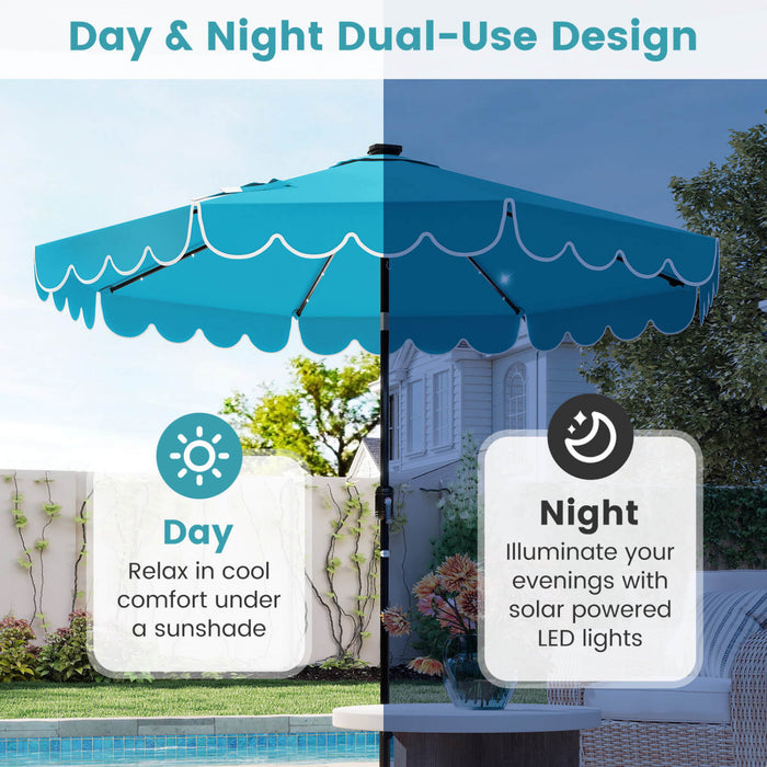 Costway 9.3 FT Solar Patio Umbrella Outdoor Market Sunshade with 24 LED Lights Ruffles Turquoise
