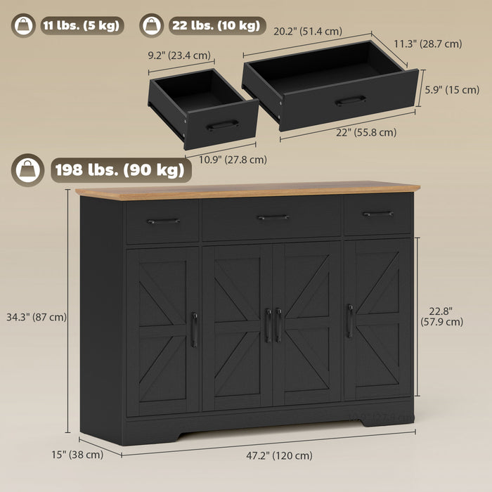 Farmhouse Sideboard with Soft-Close Hinges, Kitchen Buffet Cabinet, Black