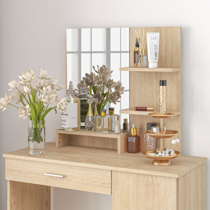 HOMCOM Vanity Table, Makeup Table with Mirror and Storage Shelves, Natural