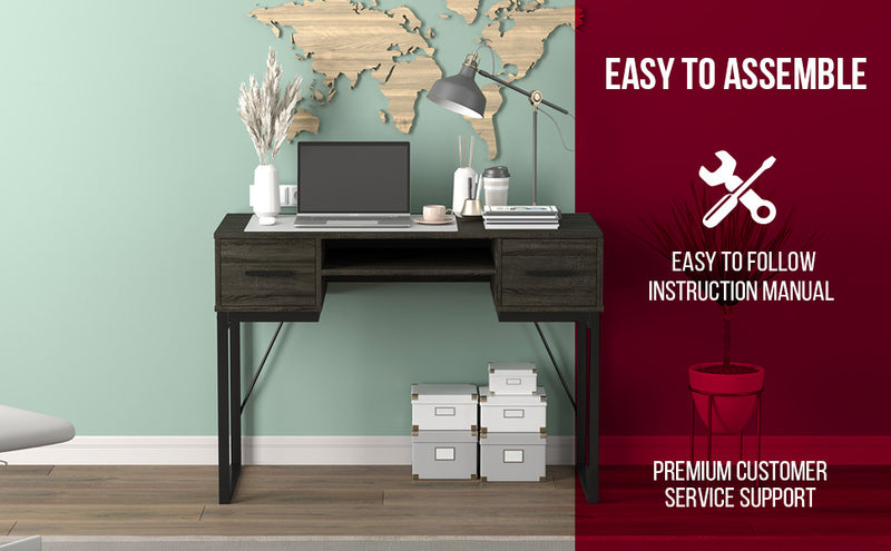 43” Computer Desk With 2 Drawers And 1 Shelf - Dark Grey With Black Metal Base