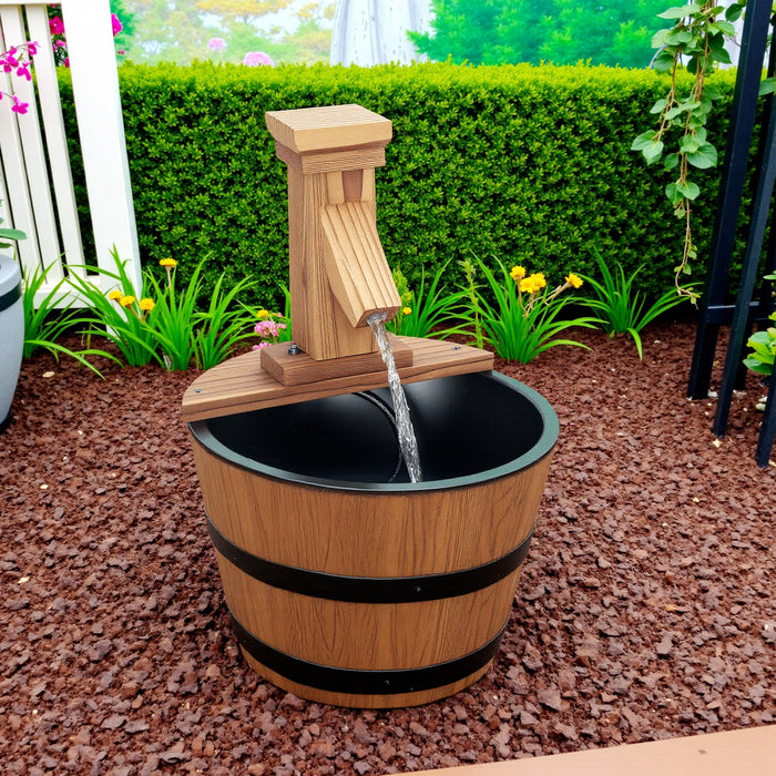 Outsunny Outdoor Waterfall Fountain, Garden Wood Barrel, Carbonized