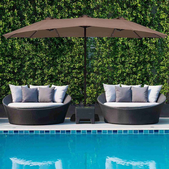 Costway 15Ft Patio Double-Sided Solar LED Market Umbrella Crank Base Tan