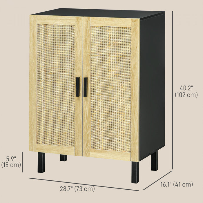 HOMCOM Boho Sideboard Buffet Cabinet with 2 Rattan Doors, Black